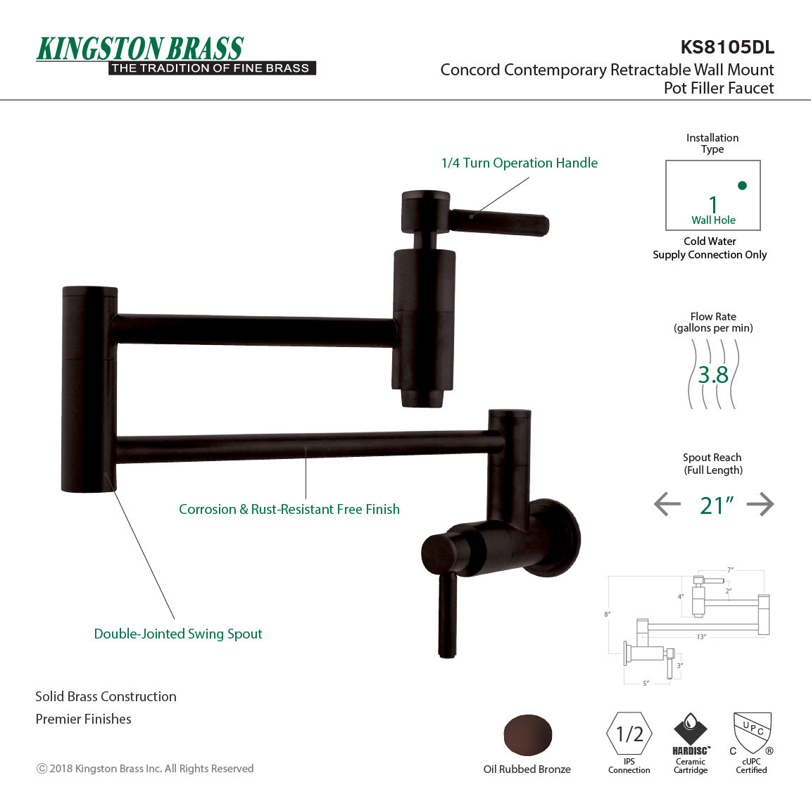 Kingston Brass Concord Two-Handle 1-Hole Wall Mount Pot Filler Faucet, Oil Rubbed Bronze
