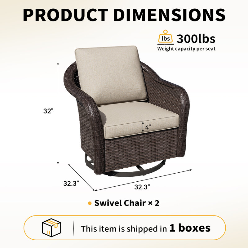 360° Swivel Chairs,  PE Wicker Outdoor Patio Set with Beige Cushions (Set of 2), Beige
