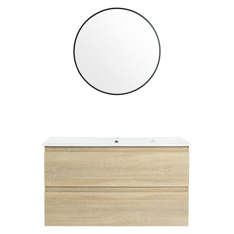 Armoire de salle de bain 36 po avec lavabo en céramique à fixation murale, 2 tiroirs, contreplaqué, design épuré, 36"