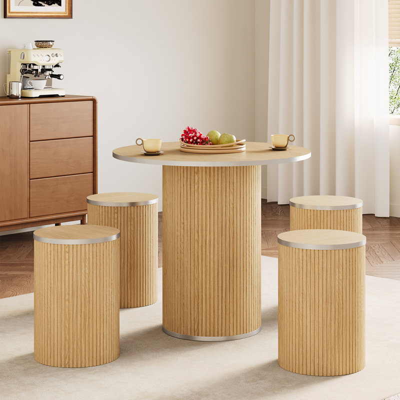 Round Pedestal Dining Table with 4 Stools, Natural
