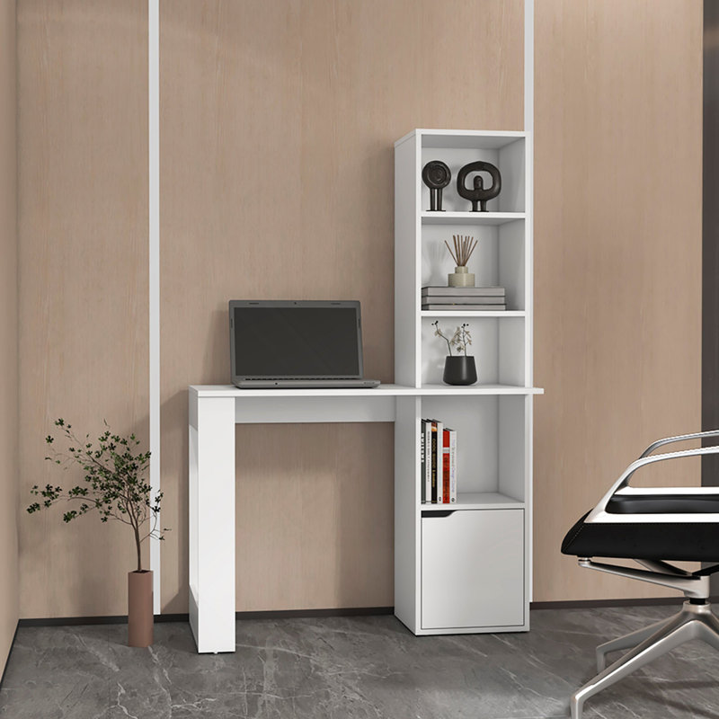 Bureau d'ordinateur blanc avec bibliothèque à 4 niveaux et armoire à 1 porte