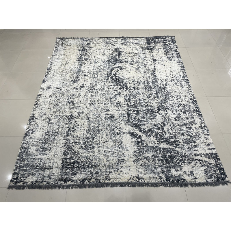 Tapis contemporain moderne abstrait en laine noué à la main 7 x 9 ivoire Pixelated