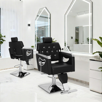Reclining Barber Chair with PU Leather, Hydraulic Adjustable Height, High-Density Cushion & 360° Swivel