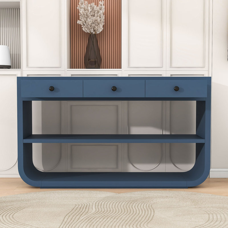 Console courbée avec 3 tiroirs à fermeture en douceur et 2 tablettes ouvertes, Bleu