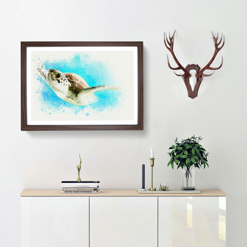 Green Turtle in Abstract - Picture Frame Graphic Art Print, Walnut Framed, 62cm H x 87cm W x 2cm D