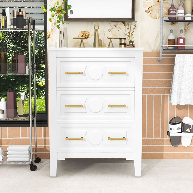 Élégant meuble-lavabo en bois avec tiroirs et lavabo, Blanc