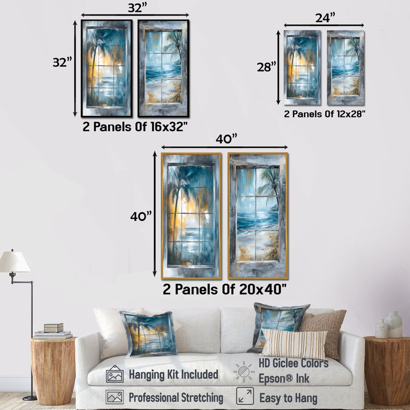«Blue Paradise Coastal Windows I» - ensemble d'art mural côtier tropical 2 pièces, Toile tendue, H 28 po x l 24 po