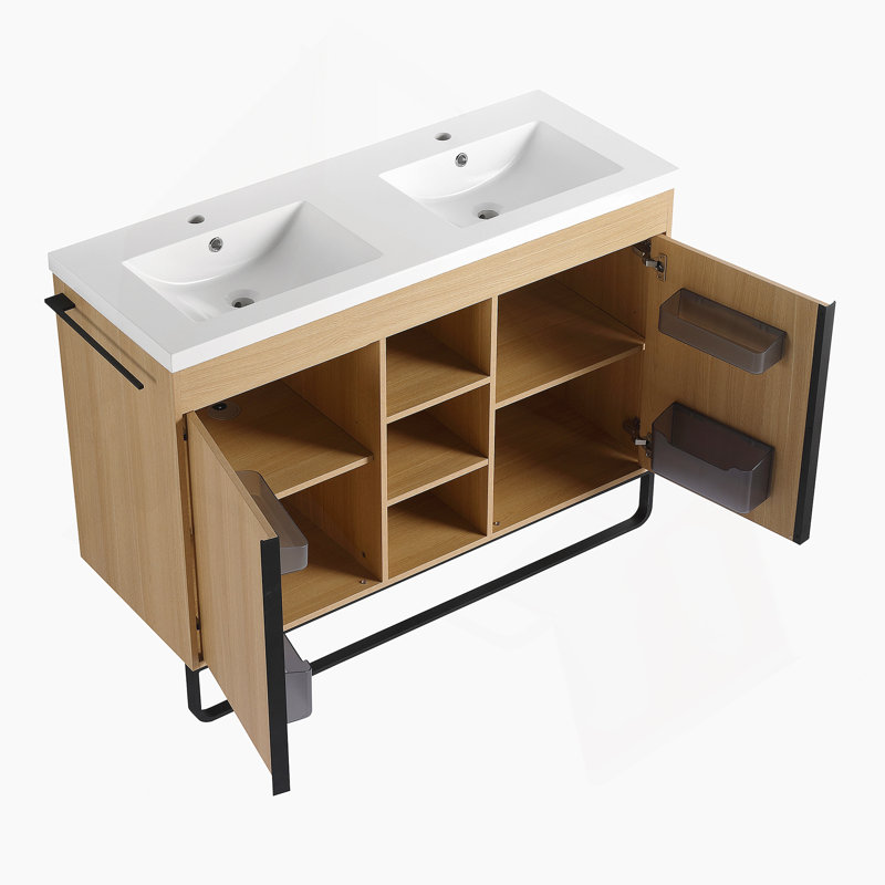 Meuble-lavabo autoportant de 48 pouces avec lavabo double en résine, portes à fermeture douce et supports de rangement ouverts, idéal pour les salles de bain modernes