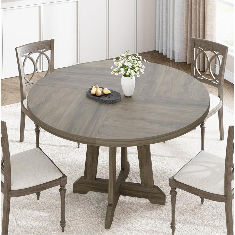 47" Round Dining Table for 4-6, Farmhouse Wooden Kitchen Table with Adjustable Legs, Gray