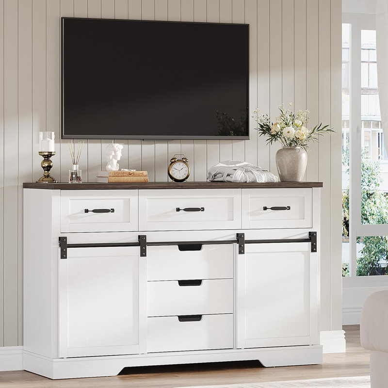 Commode de ferme 6 tiroirs, portes de grange coulissantes en bois rustique