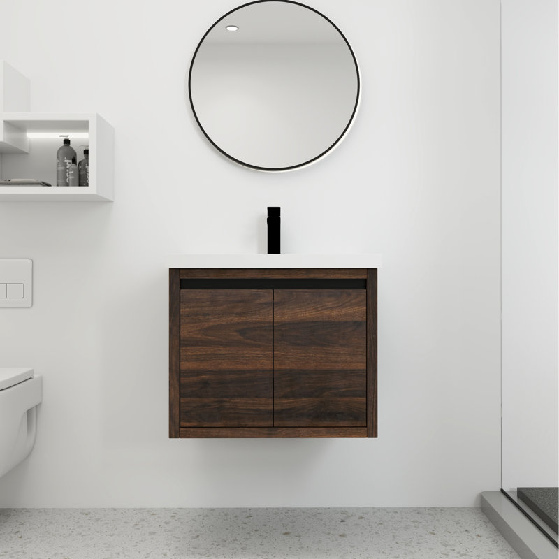 Armoire de salle de bain 24 po avec lavabo et fixation murale - noyer, unité de meuble-lavabo en résine, pouces, portes à fermeture douce, design chic