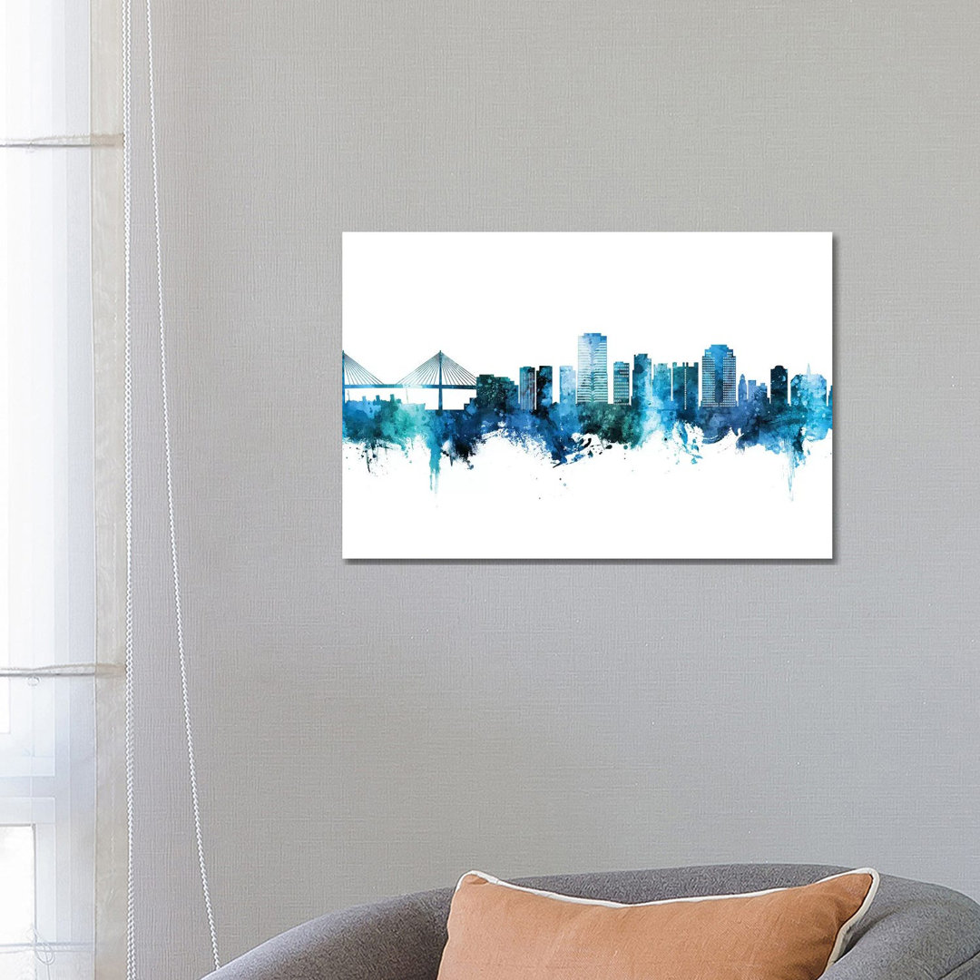 Long Beach California Skyline Blue Teal by Michael Tompsett - Wrapped Canvas Art Prints
