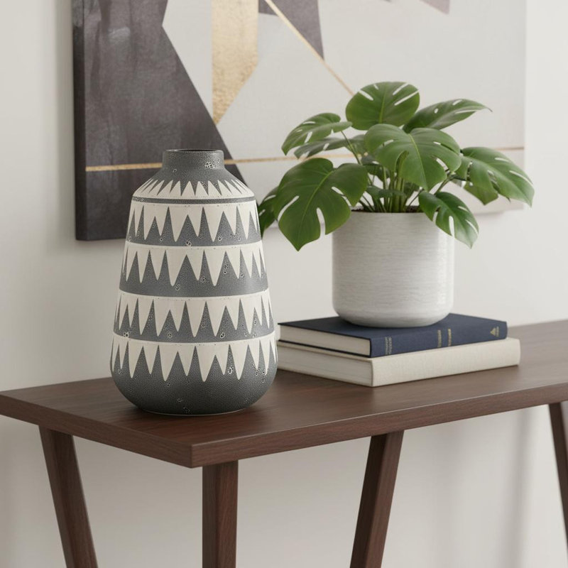Vase de table cylindrique en céramique 10 "gris et ivoire
