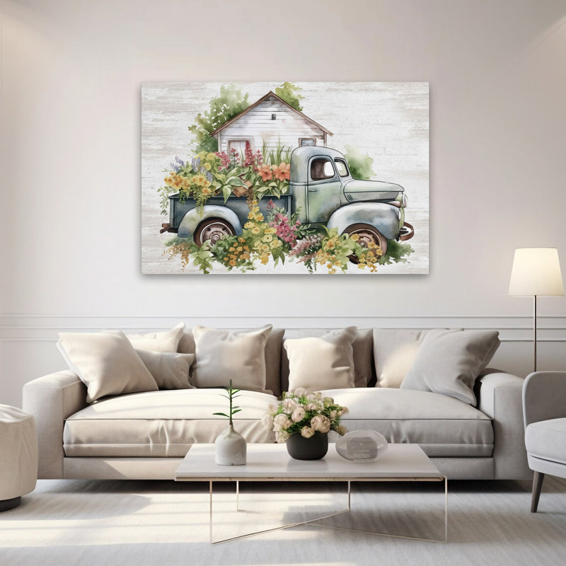Fleurs et plantes à gogo - campagne moderne rétro camion rétro fleurs maison de campagne, H 40 po x l 60 po