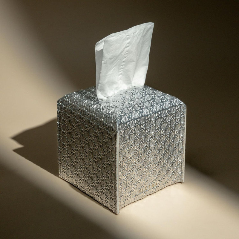 Square Tissue Box Cover - Aesthetic Desk Decor For Room, Home & Office - Tissues Cube Boxes Holder - Lattice Textured, Silver