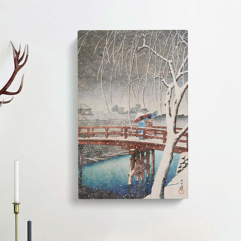 Two Crossing The Bridge by Hasui Kawase - Wrapped Canvas Painting, 60cm H x 40cm W x 3cm D