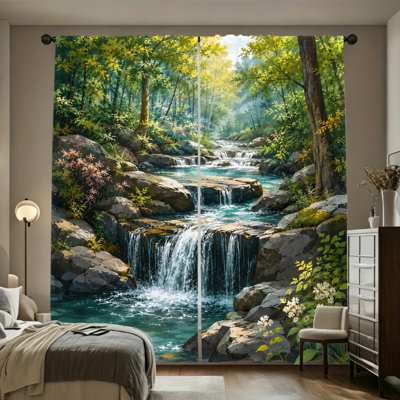 Rideau filtrant 2 pièces avec cascade de verdure et paysage verdoyant, décor de scène de nature, conception facile avec passe-tringle, rideaux toutes saisons pour la maison, le salon et la chambre
