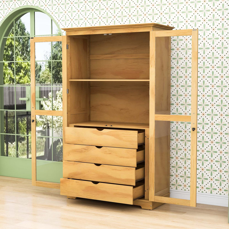 Armoire de cuisine avec portes en verre et 4 tiroirs, Naturel