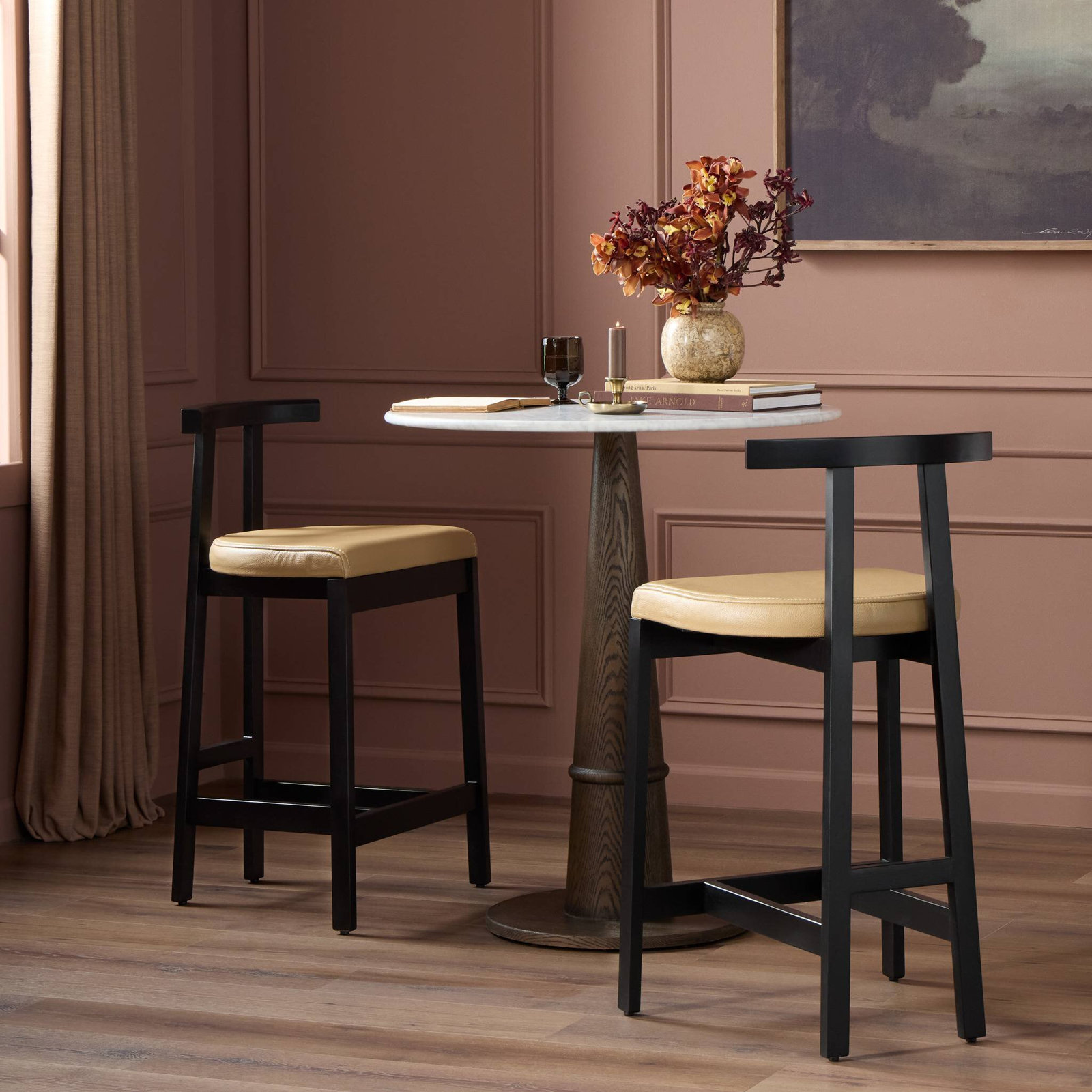 Seville Leather Bar & Counter Stool, Counter Stool (26” Seat Height), Black Rosa Morada