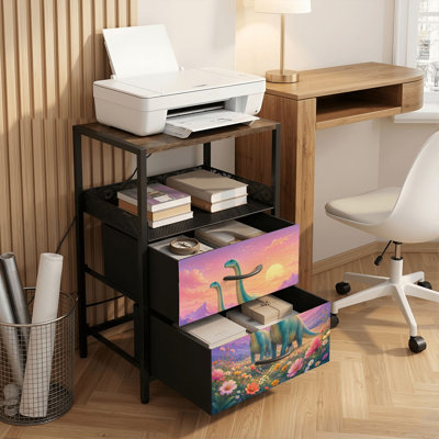 Table de chevet 2 tiroirs avec station de charge, table de chevet pour chambre avec ports USB et amp; Outlets, tablette ouverte noire, table de chevet avec dinosaures brachiosaures pastel