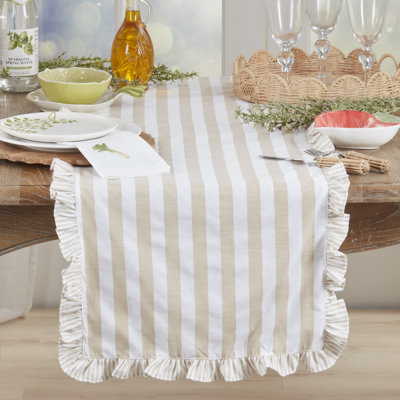 Striped Ruffle Edge Table Runner – Decorative Non-Reversible Cotton Blend Table Runner for Dining Table, 16"x72"