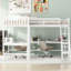 Lit mezzanine blanc en L simple avec 2 bureaux de projet intégrés, lit simple en bois, bureaux de couleur pâle