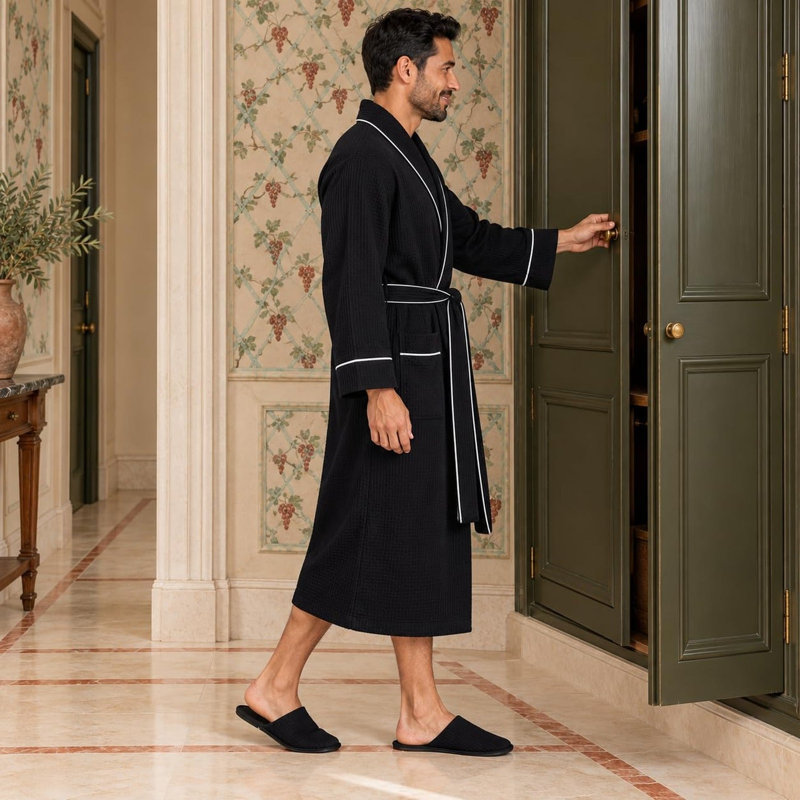 Peignoir gaufré LOTUS LINEN, M, Noir