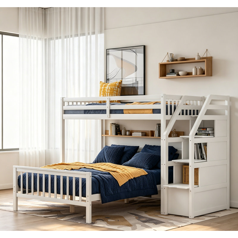 Twin Over Full Loft Bed With Staircase, White, Spacious Storage And Safety Features For Kids' Rooms