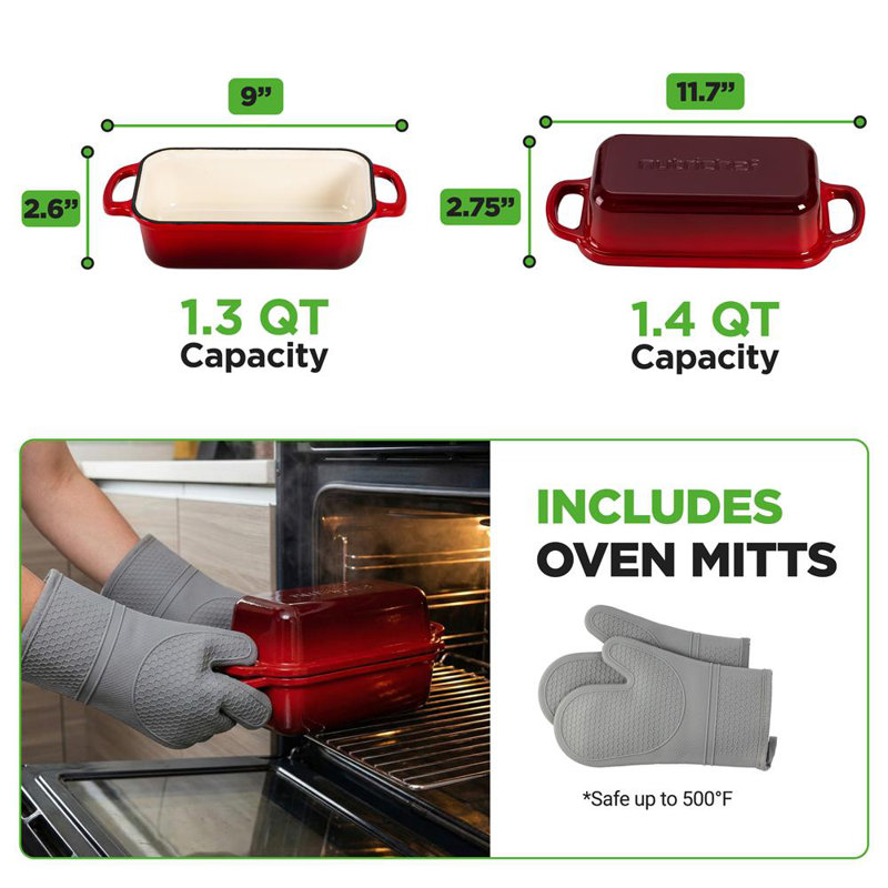 Moule à pain en fonte émaillée 9 x 5 po avec couvercle Nutriquef, 5,35 po H x 11,69 po L x 5,04 po P, Rouge
