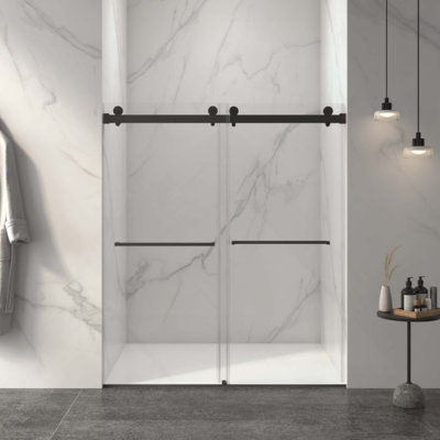 Porte de douche coulissante double sans cadre, verre trempé clair de 5/16 po (8 mm) avec revêtement latéral facile à nettoyer avec tampon