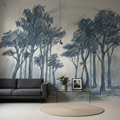 Papier peint arbre et croquis bleu gris