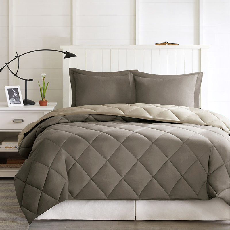 Ensemble d'édredon en duvet synthétique réversible 3M Scotchgard, Édredon simple + 1 taie décorative, Brun / Sable