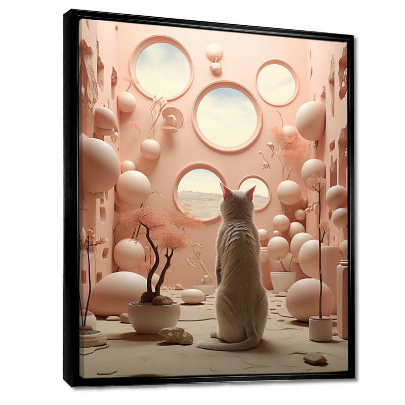 Chat blanc, intérieur futuriste rose, chat, art mural, salon, Toile avec cadre flottant noir, H 32 po x l 16 po x P 1 po