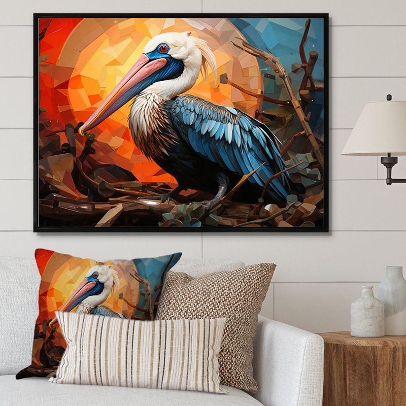 «Orange Pelican Coastal Geometric III», reproduction sur toile, H 16 po x l 32 po, Cadre flottant noir