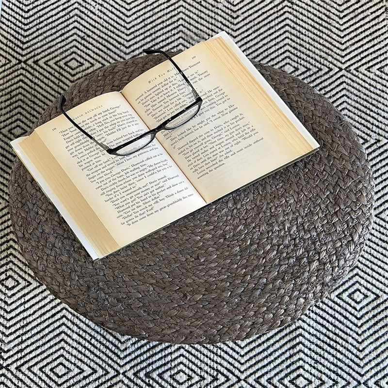 Gray and Beige Handwoven Jute Round Pouf Ottoman