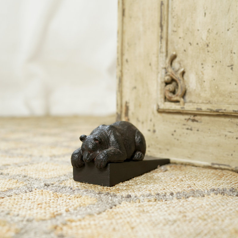 Rustic Overlooking Grizzly Bear Wood And Resin Wedge Floor Stop Figurine