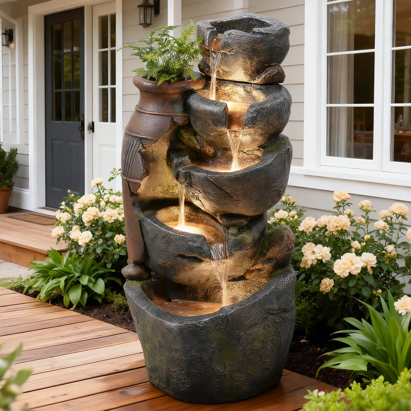  5-tiers Cascading Rock Jar Water Fountain Outdoor, 31.7" H Outside Fountains And Waterfalls With 4 Led Lights For Patio, Deck, Porch, Backyard And Home Art Docor