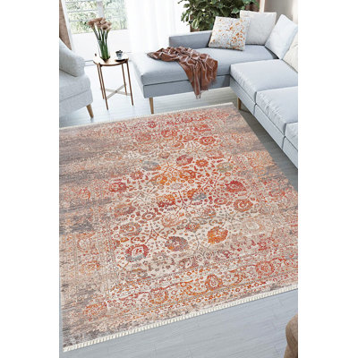 Tapis rectangulaire orange / gris en polyester tissé à la machine marocain