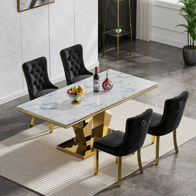 70" Faux Marble Dining Table Set for, White Dining Room Table with Velvet Dining Chairs, Modern Kitchen Table and Chairs Set, Luxury Dining Table Set