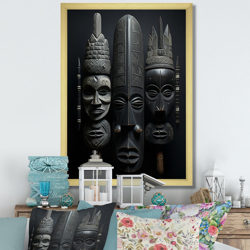 Masque africain sur toile Laesha, Cadre photo doré simple, H 32 po x l 24 po x P 1 po