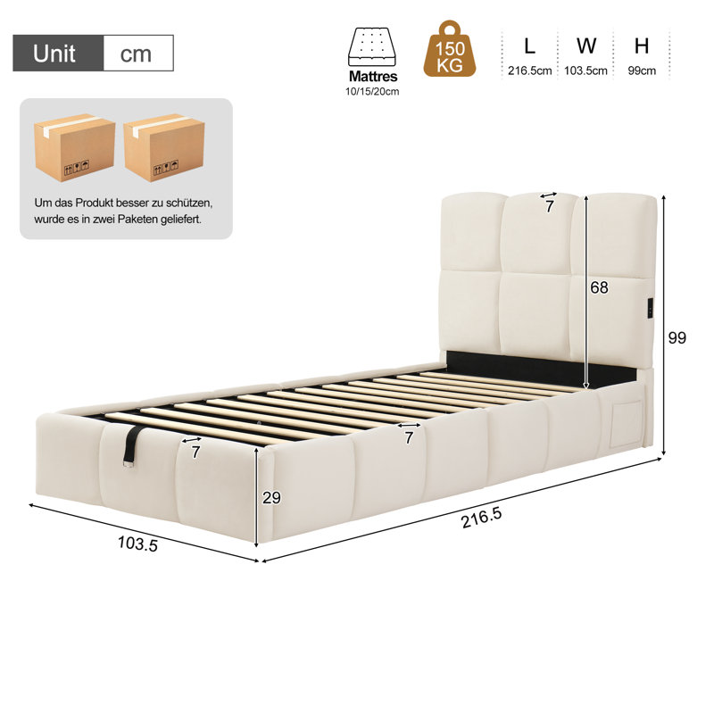 European Single (90 x 200 cm) Lift Up Storage Bed Frame, Beige