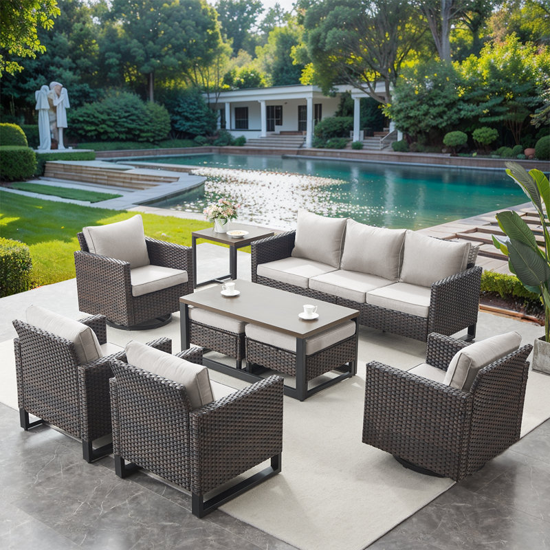 Naresa 9-Piece Wicker Outdoor Furniture Set  3-Seat Sofa & Swivel Gliders For Cozy Backyard Gatherings, Beige