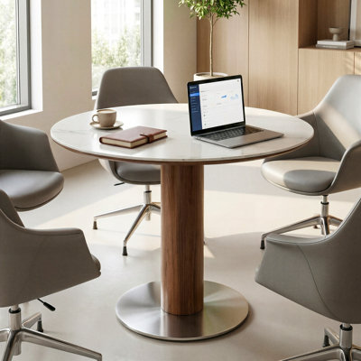 31.5 Inch Round Conference Table, Small Meeting Room Table，Sintered Stone Tabletop and Solid Wood + Stainless Steel Base