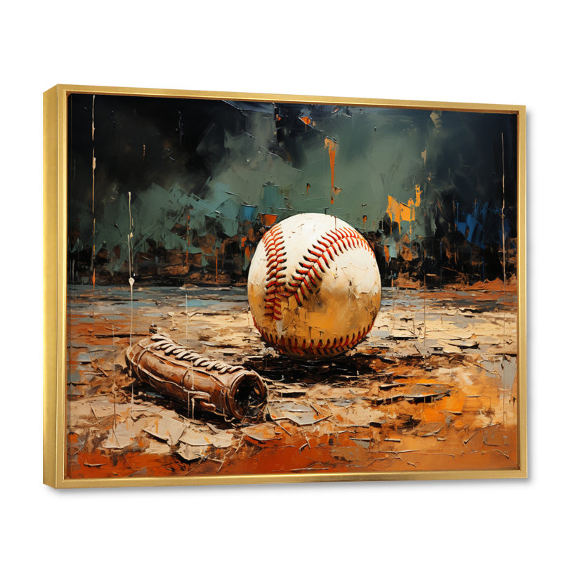 Baseball Collage Glove And Ball - Sports, reproduction d'art sur toile, H 12 po x l 20 po x P 1 po, Cadre flottant doré