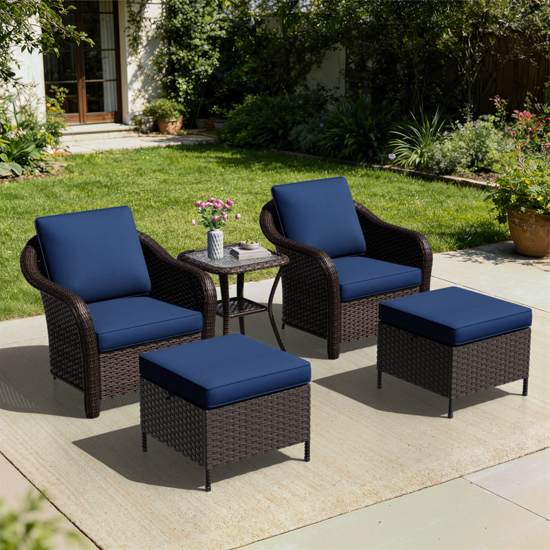 Ensemble de conversation de patio 5 pièces en osier avec repose-pieds, Bleu