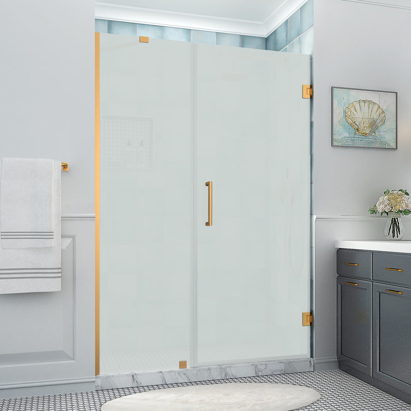 Belmore XL 57.25" W x 80" H Hinged Frameless Shower Door with StarCast Clear Glass, Clear Glass, Brushed Gold