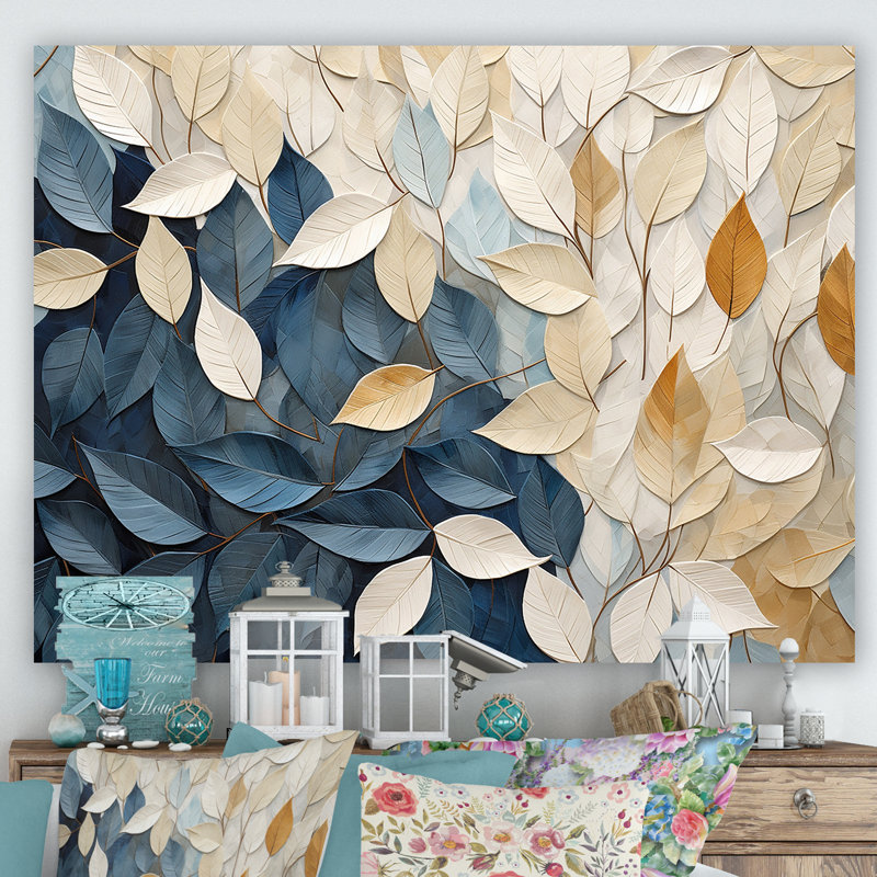 Collage de feuilles minimaliste beige et bleu - feuilles, décoration murale, Toile tendue, H 24 po x l 32 po x P 1 po
