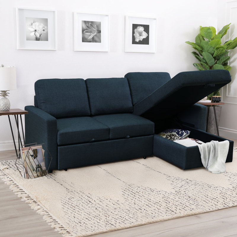 Maumelle Pull-Out Sleeper Sectional, Navy Blue Polyester