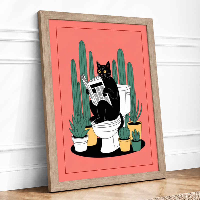 Cat on the Toilet Modern - Framed Print, Oak, A4 - 29.7 x 21.0 cm