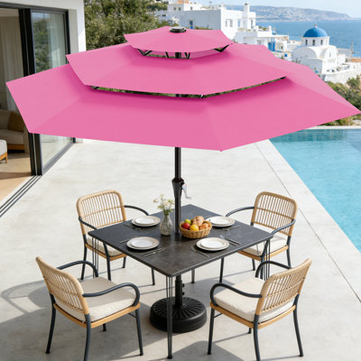 9ft All-Steel 3-Tier Patio Umbrella with Crank Lift System & 6 Sturdy Ribs Waterproof, Patio Table Umbrella Perfect for Poolside, Terrace, Beach and Outdoor Restaurant, Pink